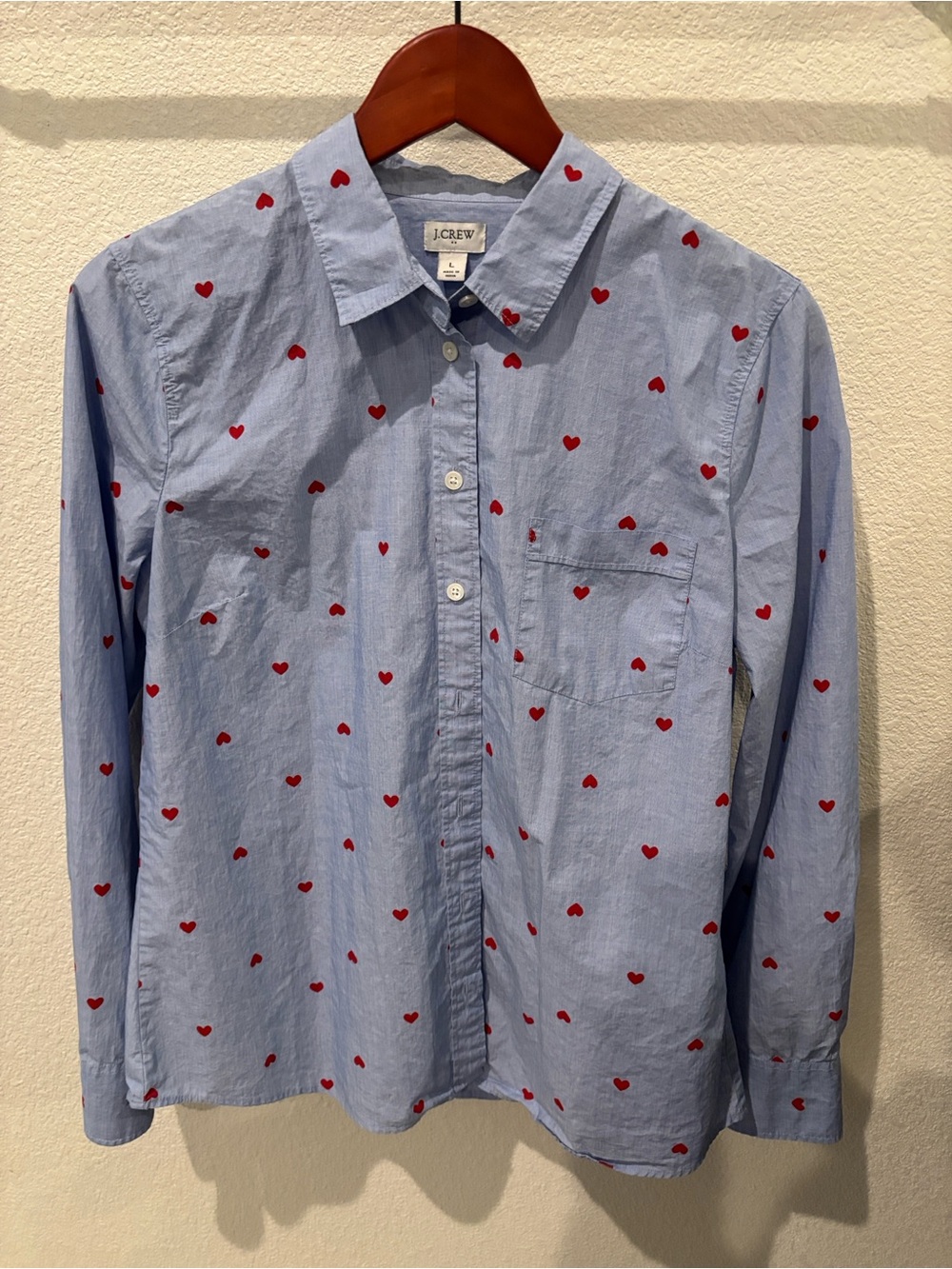 J. Crew Factory Light Blue Button-Down Shirt with Red Heart Print